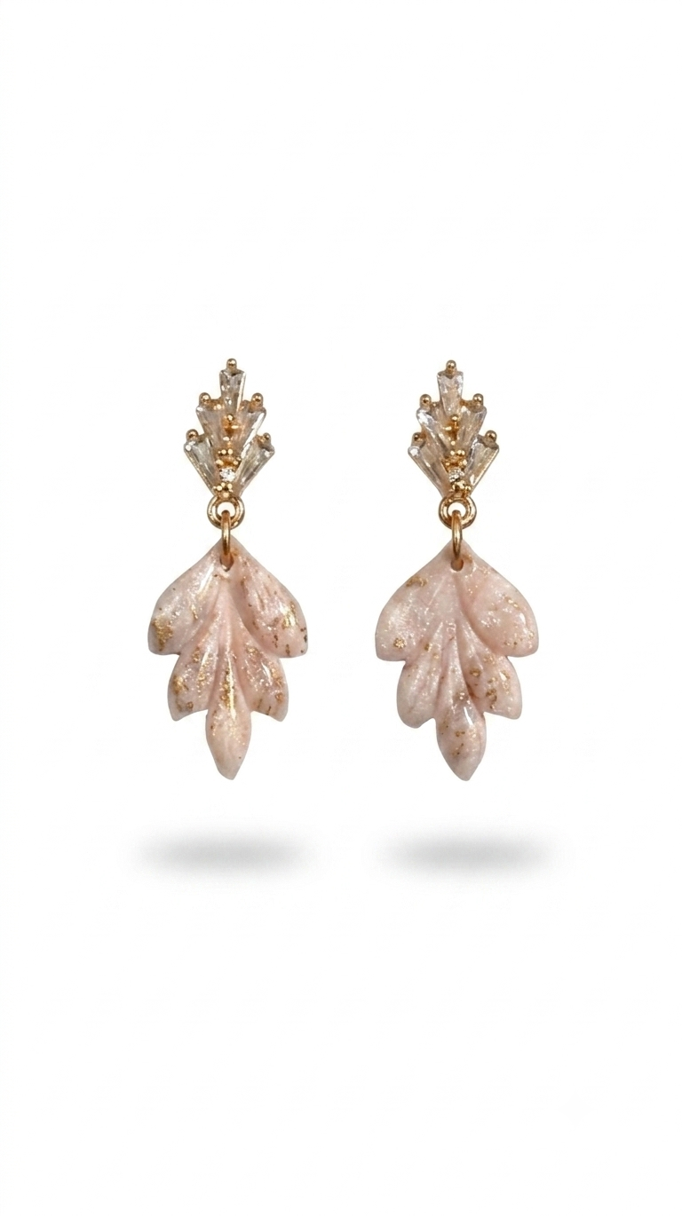 Pink Pearl & Gold Small Leaf Earrings