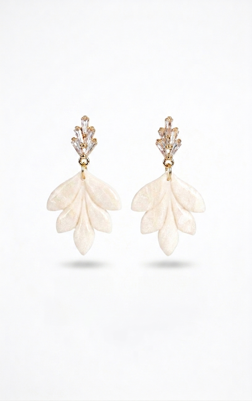 White Pearl Leaf Earrings